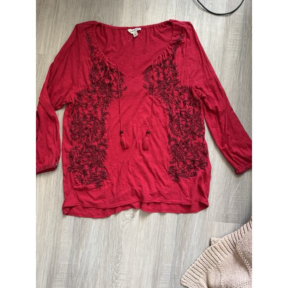 6 for $20 Lucky Brand Sante Fe Boho Black Peasant Flowy Embroidered Blouse, L - Picture 3 of 5